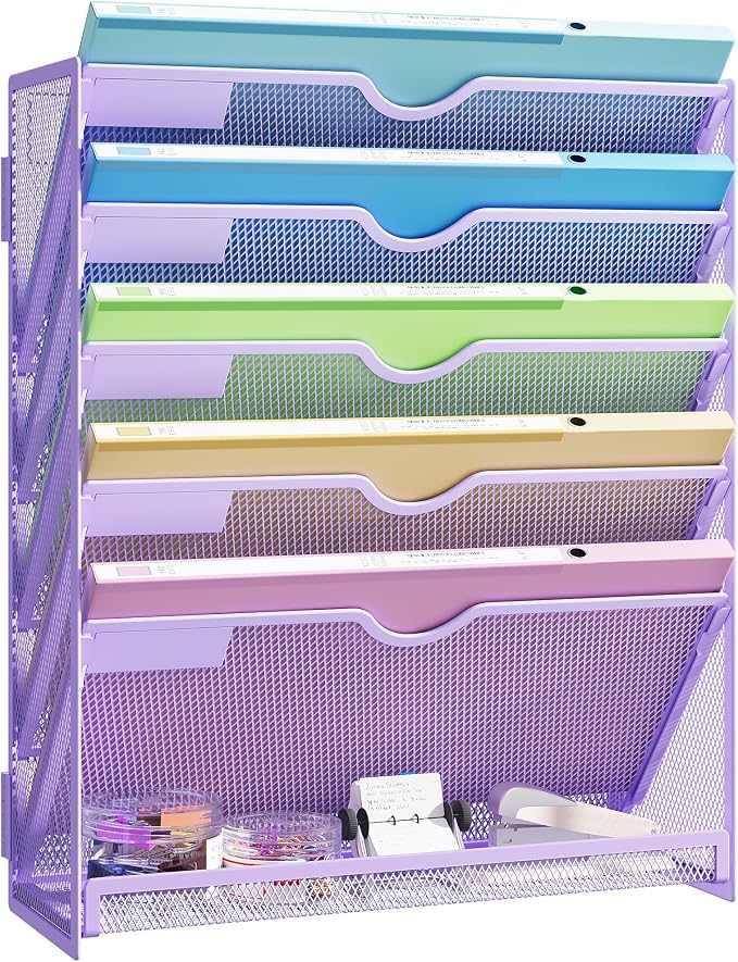 Hanging Wall File Organizer, Desk Organizer with Metal Mesh, 6-Tier | Foldable Document Organizer for Office Desk, Wall Mount Magazine Rack for Mail/Books/Tablet, Purple
