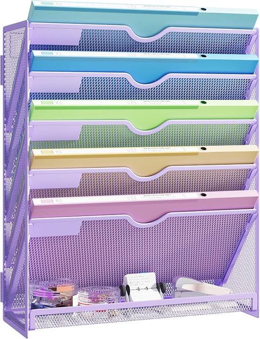 Hanging Wall File Organizer, Desk Organizer with Metal Mesh, 6-Tier | Foldable Document Organizer for Office Desk, Wall Mount Magazine Rack for Mail/Books/Tablet, Purple