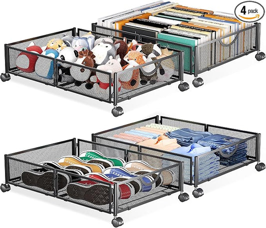 Yecaye Under Bed Storage with Wheels, 4 Pack Under Bed Shoe Storage Organizer Drawer, Tool-free Assembly Metal Underbed Storage Containers for Clothes, Shoes, Toys, Black
