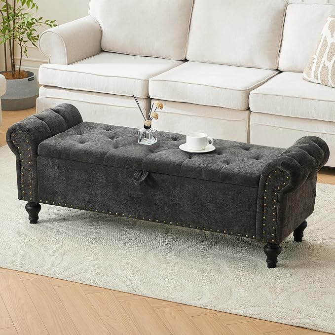 55" Storage Bench for Bedroom, Upholstered Ottoman Bench, Chenille DarkGray | End of Bed Bench for Bedroom, Window Benches for Living Room, Entryway, Ottoman with Large Storage Space, Pet Friendly