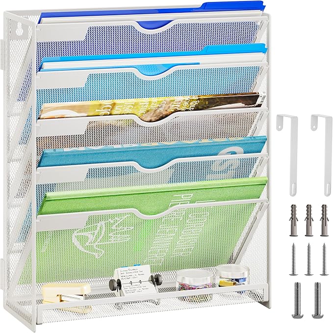 Lavatino 6-Tier Hanging File Organizer, Wall Mount File Holder for Mails Folders Papers Magazine Organization, Vertical Document Organizer for Office Home - (White)