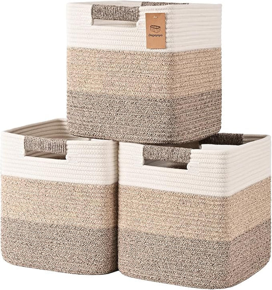 13 Inch Storage Cubes, 3 Pack Cube Storage Bins for Organizing, Cotton Rope Woven Baskets for Shelves, Bathroom, Kids Room, Closets, Baby Nursery