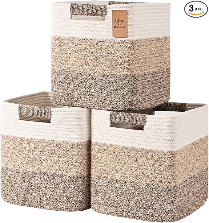 12 Inch Storage Cubes, 3 Pack Cube Storage Bins for Organizing, Cotton Rope Woven Baskets for Shelves, Bathroom, Kids Room, Closets, Baby Nursery