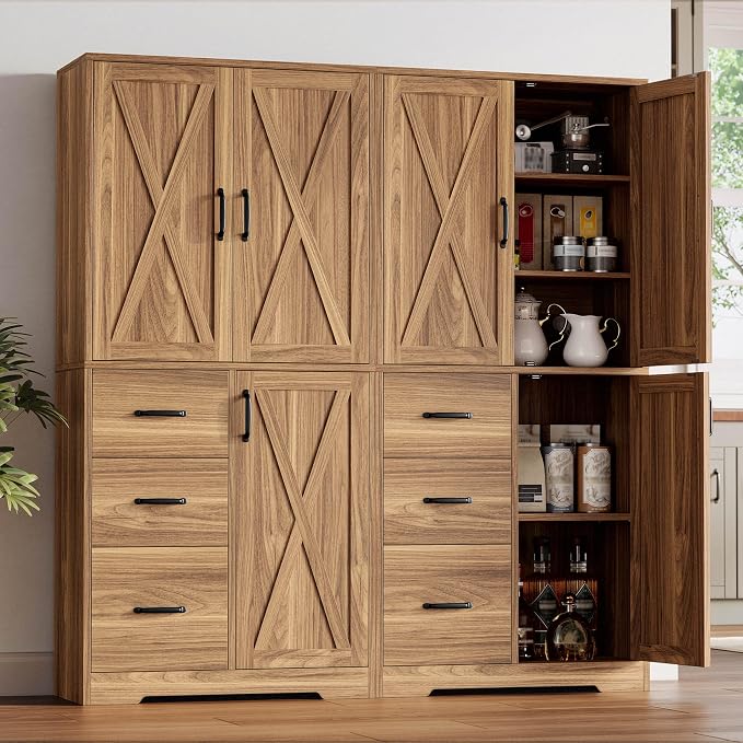 IRONCK Pantry Cabinet, Storage Cabinet with 3 Door & Drawer, Oak Brown | Adjustable Shelf. 67.5inch Tall. 5 Tier Freestanding. 150 lbs Per Shelf. Farmhouse Style. FSC-certified Wood. Anti-tip.