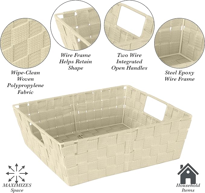 Simplify Large Shelf Woven Strap Tote | Decorative Storage Basket | Built in Handles | Organization | Closet | Bedroom | Bathroom | Nursery | Accessories | Toys | Gifts | 2 Pack | Ivory