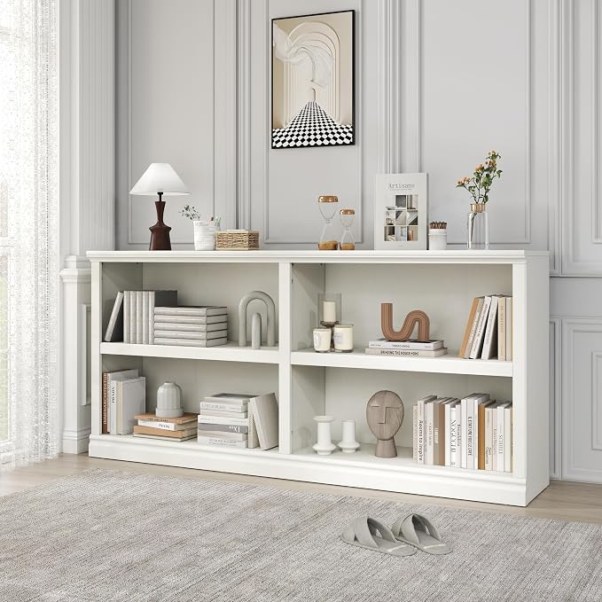 64" W Double Wide Horizontal Bookshelf, 2 Tiers 4 Storage Cube Book Case | Open Shelf Bookcase, Display Cabinet Organizer Indoor Furniture, Home Library Office, White, Adjustable Shelf