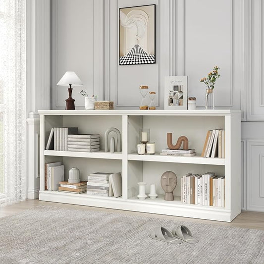 64" W Double Wide Horizontal Bookshelf, 2 Tiers 4 Storage Cube Book Case | Open Shelf Bookcase, Display Cabinet Organizer Indoor Furniture, Home Library Office, White, Adjustable Shelf