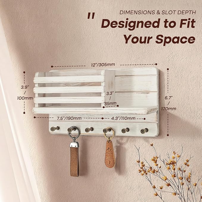 Rebee Vision Key Holder Wall Mount with Mail Slot for Room Decor, Whitewash | Key Holder for Wall, Mail Organizer, 8 Key Hooks, Dog Leash and Hat Storage, key Hanger, Letter Storage, Room Organization