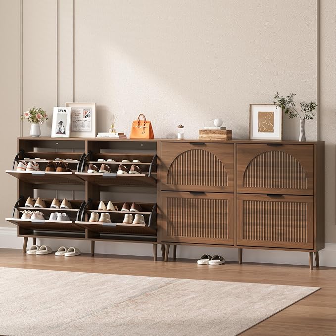 BORNOON Shoe Cabinet for Entryway with 4 Flip Drawers, Slim Wooden Shoe Storage Organizer with Modern Fluted Pannel，Freestanding Narrow Hidden Shoe Rack for Hallway, Foyer, Living Room
