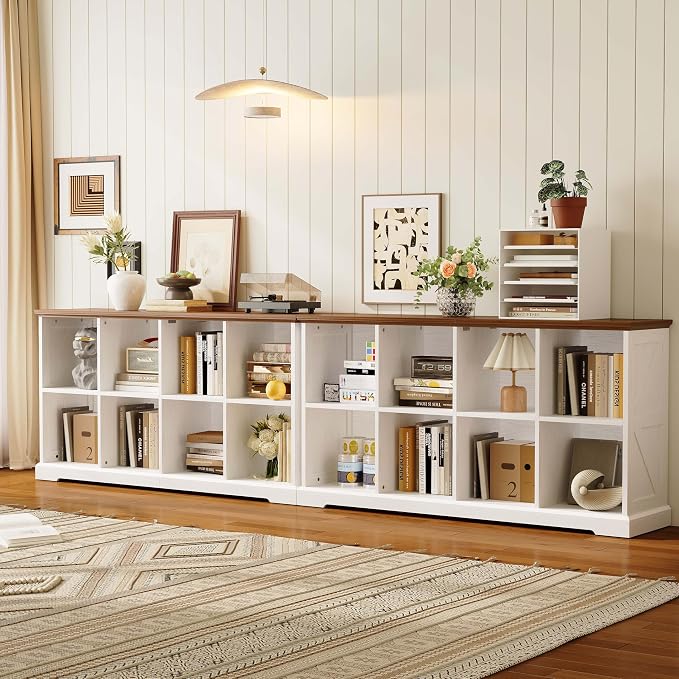 IRONCK 8 Cube Storage Organizer, Farmhouse Wooden Bookshelf with Storage | White finish, anti-tip design, wooden cube bookshelf unit for bedroom, living room, home office, display storage