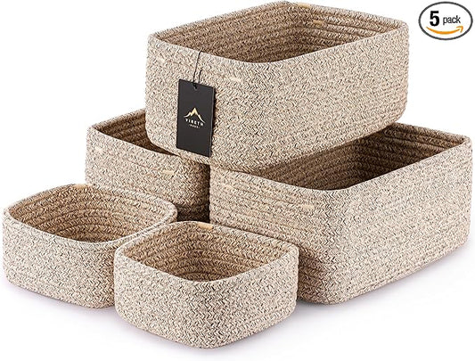 5-Pack Small Woven Rope Storage Baskets, 2 Sizes Organizer Bins | Fabric Cube Boxes and Rectangular Shallow Bins for Closet, Shelf, Bookshelf, Nursery, Changing Table, Bathroom, Toys & Home