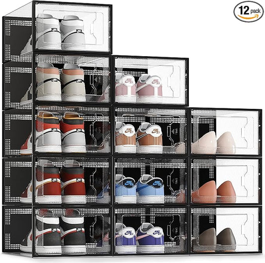 SEE SRPING XX-Large Shoe Storage Box Fit Size 14, Clear Plastic Stackable Shoe Organizer for Closet, Shoe Rack Sneaker Containers Bins Holders, Drawer Organize Unit, 12 Pack Black