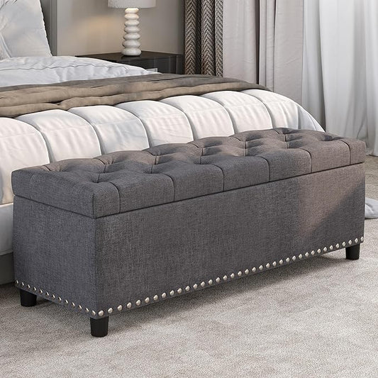 BELLEZE Storage Ottoman, Tufted Ottoman with Close Hinge, Foot Rest for Living Room (Gray, 47 inch)