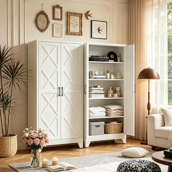 71"H White Pantry Kitchen Cabinet with Doors,Black Storage Cabinets,Freestanding Pantry Cabinet,Farmhouse Food Storage Cabinets,Tall and Large Pantry Cabinets for Kitchen, Dining Room, Living Room
