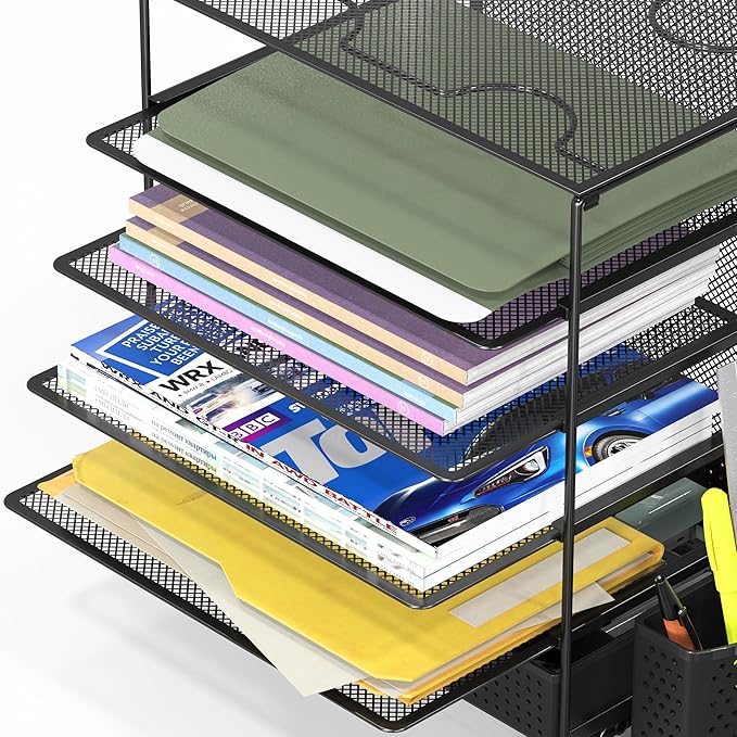 Simple Houseware 5-Tier Desk File Organizer w/Drawer & Pen Holder, Black | Desktop Tray Organizer for A4 Paper, Mail and Documents