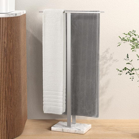 KES Standing Towel Rack, 37" H, 18/8 Stainless Steel & Marble Base Polished | Equal-Height Rods, 8.23 Lbs Heavy Base, Fits Towels Up To 70", Freestanding Design, Bathroom Floor, Modern