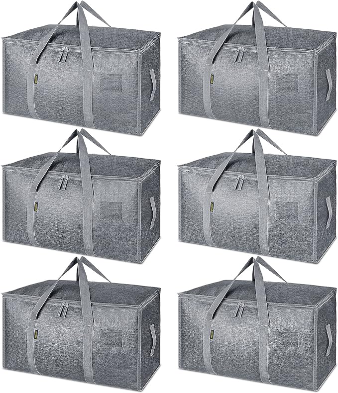BALEINE 6-Pack Oversized Moving Bags with Reinforced Handles, Heavy-Duty Storage Tote for Clothes, Moving Supplies (Winter Grey, 6-Pack)