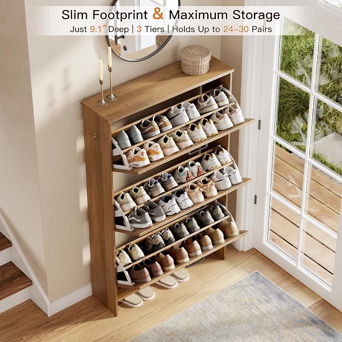 Shoe Cabinet for Entryway, 3 Flip Drawers Shoe Storage Cabinet with 3-Tier Adjustable Shelves, Ultra Slim Freestanding Hidden Shoe Organizer with Barn Door Design, Caramel Brown
