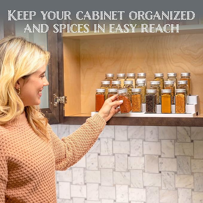 Oizeir 3-Tier Expandable Spice Rack Organizer for Cabinet, White/Grey | Expandable Plastic Spice Rack Organizer, Adjustable Length 3 Tiers, Non-Skid Shelf, Cabinet Pantry Countertop, White/Grey