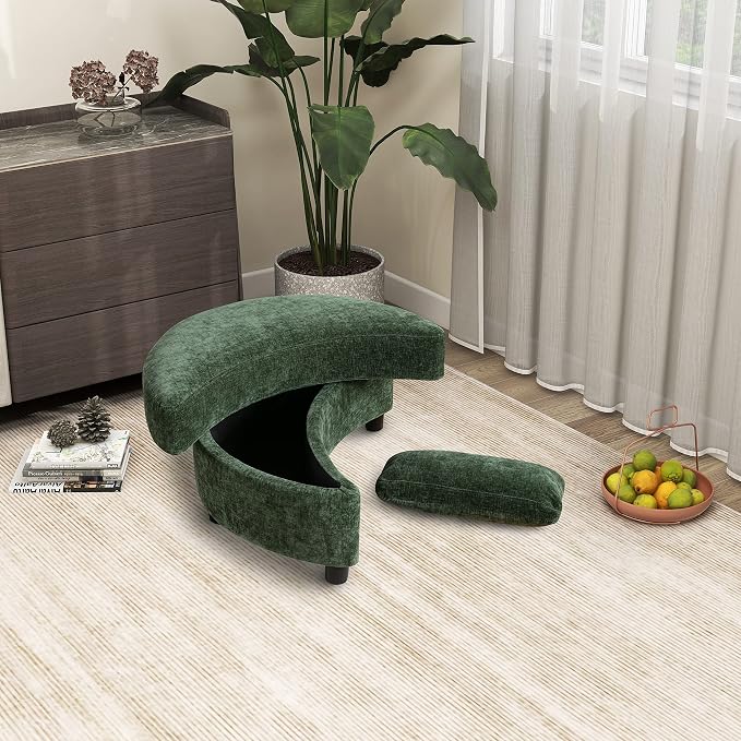 32.7" W Chenille Upholstered Half Crescent Moon Storage Bench Large Ottoman with Tray Serve As Side Table Soft Padded Seat Dressing Shoe Bench Foot Rest Green 32.7" L x 18.9" W x 17.3" H