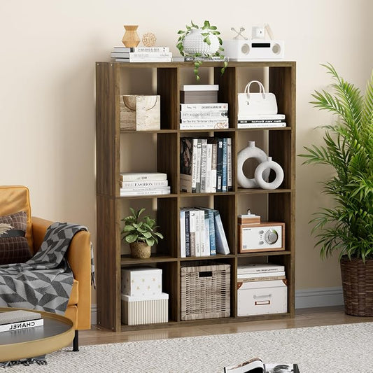 VDNEND Cube Storage Organizer Bookcase, Decorative 11 inch Open Back Cubical Shelf with Thickened Border, Display Bookshelf for Living Room, Home Office, Sturdy Room (Brown, 12 Cube)