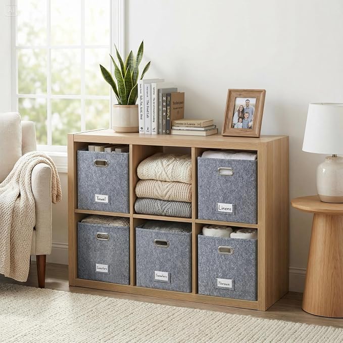 DECOMOMO Felt Storage Bins, 13 inch Cube Storage Bin with Labels | 4 Pack Storage Baskets for Shelves, Kallax (Dark Grey)