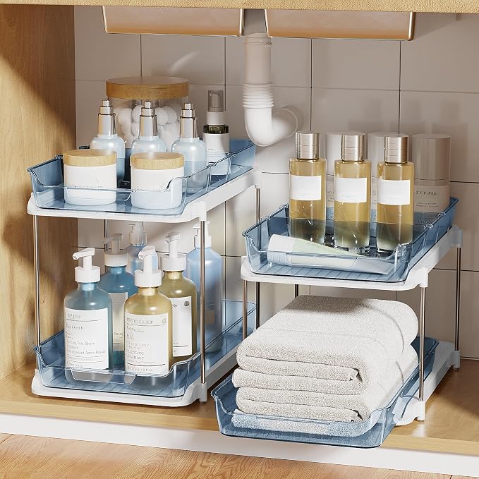 Delamu 2-Tier Multi-Purpose Bathroom Under Sink Organizers and Storage, Stackable Kitchen Pantry Organization, Pull Out Medicine Cabinet Organizer with Movable Dividers, Blue, 4 Pack