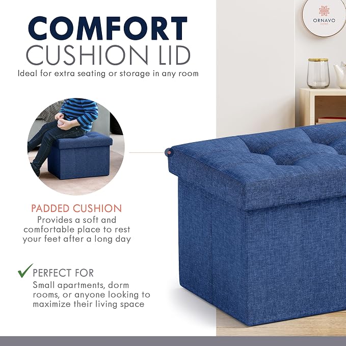Ornavo Home Small Rectangle Storage Ottoman, Foldable Linen, 12x16x12, Navy | Collapsible Cube Design; Foot Rest Stool Seat; Ideal for Living Room, Bedroom, Home Office or Dorm