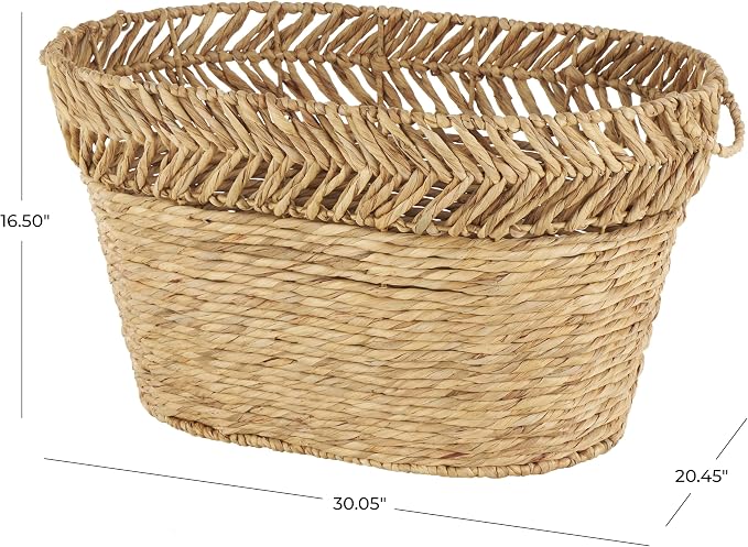 Deco 79 Seagrass Handmade Decorative and Functional Storage Basket Large Woven Oval Basket Organizer with Zig Zag Patterned Rim, Basket for Storage 30" x 20" x 17", Brown