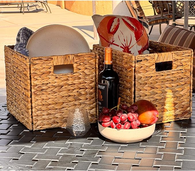 6 Hand-Woven Wicker Storage Baskets 13x11x11in, Water Hyacinth Shelf Bins | ECO-FRIENDLY & SUSTAINABLE