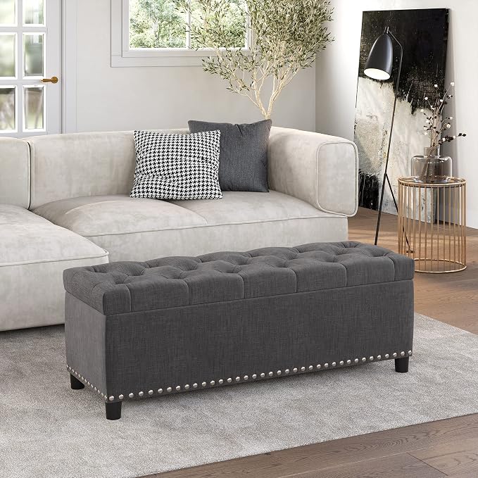 BELLEZE Storage Ottoman, Tufted Ottoman with Close Hinge, Foot Rest for Living Room (Dark Gray, 47 inch)