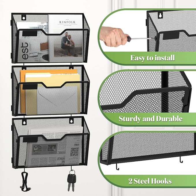 YINGHUA 3 Pack Wall Mounted Mesh File Folder Organizer with Hooks, Black | 12.6" durable metal hanging baskets. Perfect vertical storage for mail, magazines and papers in office, home or school.