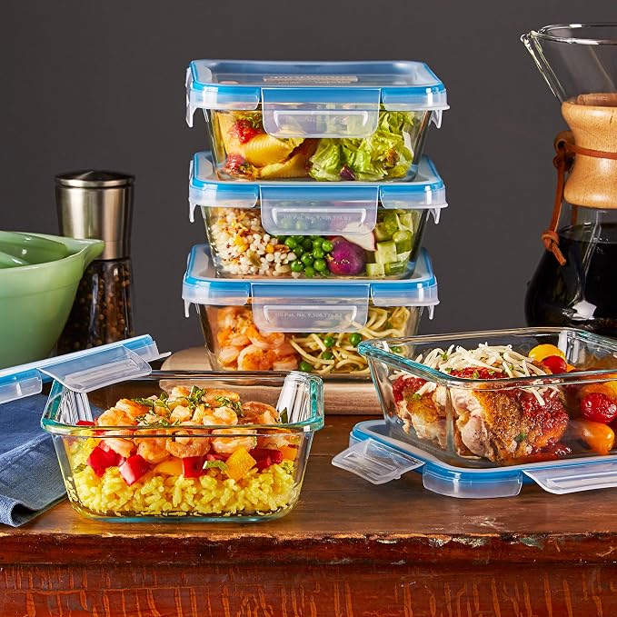 Snapware Glass Total Solutions (5-Pack, 4 Cup) Food Storage Containers Set, Airtight & Leakproof Plastic Locking BPA-Free Lids, Freezer Dishwasher Microwave Safe