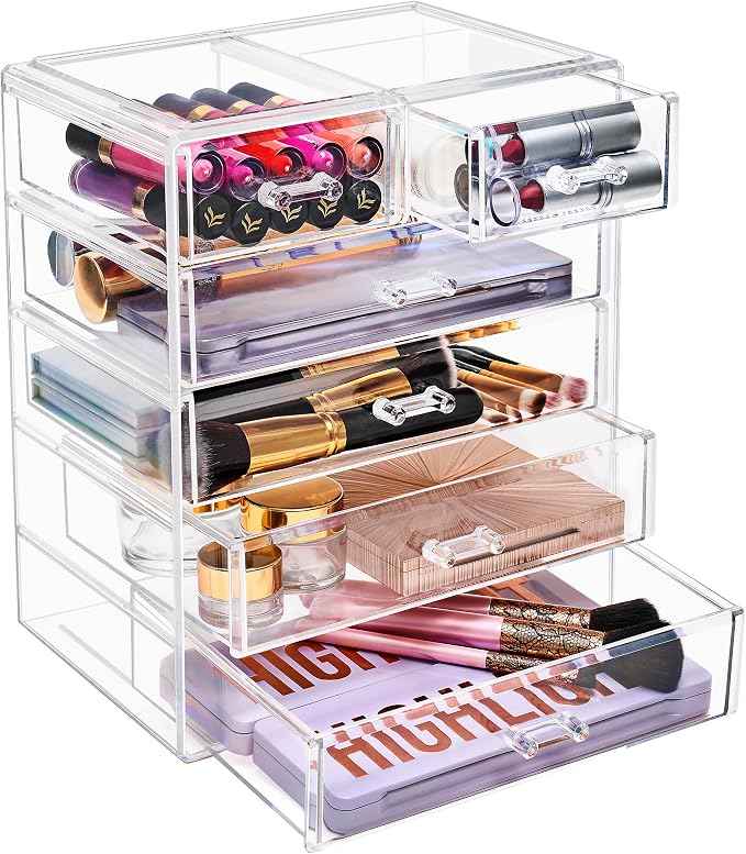 Sorbus Acrylic Makeup Organizer Set, 6-Drawer Vanity & Countertop Cosmetic Storage with Small & Wide Drawers, Clear Makeup Storage for Brushes, Lipsticks, Jewelry – Holiday Gift for Women & Teens