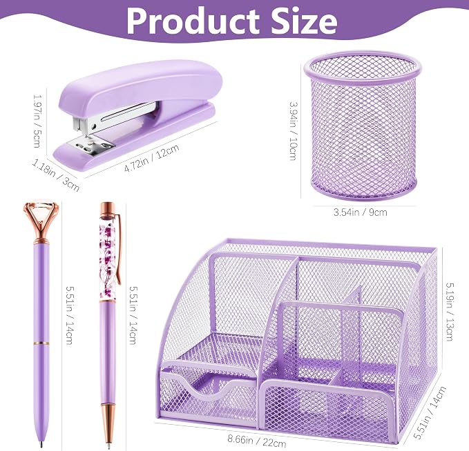 Fayoo 15 Pcs Purple Office Supplies Set Mesh Desk Organizer Accessories Kit | Include Stapler, Tape Dispenser, Staple Remover, Clips, Ruler, Scissors, Sticky Notes, for Office, School, Home, Women