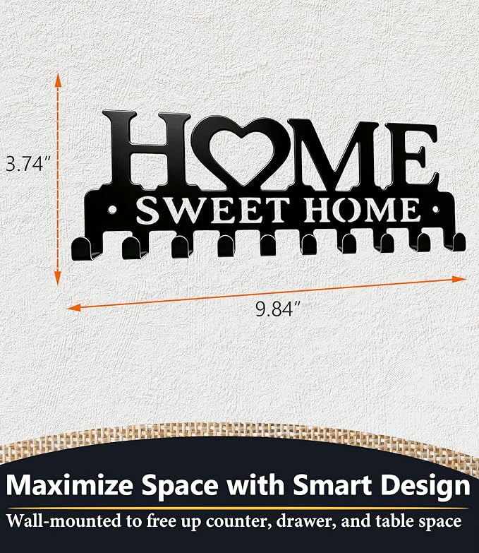 Key Holder Hooks Organizer Hanger Rack Wall Mounted Sweet Home Metal Decor Stylish and Practical for Entryway Front Door Kitchen Hallway Garage Mudroom Office Hardward Included Black (Sweet 10 Hooks)