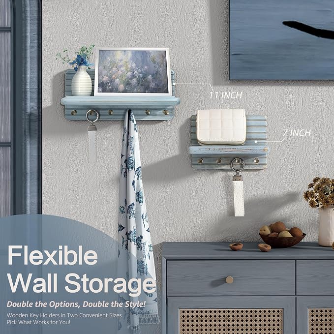 Rebee Vision Key Holder Wall Mount with Shelf & 4 Hooks for Entryway, Blue | Pine Wood, Key Holder for Wall, Mail Organizer, Room Decor, Compact Storage Accent, Home Essentials for Home Improvement