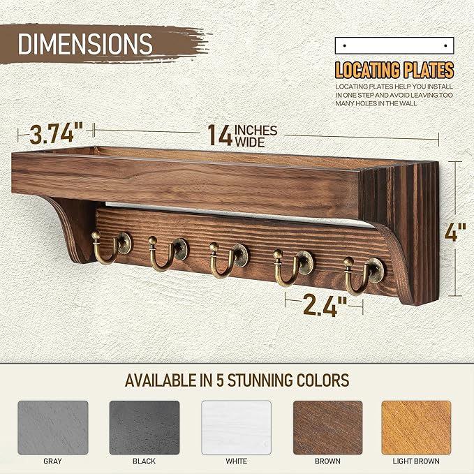 Rebee Vision Key Holder Wall Mount with Shelf for Home Office,Vintage Brown | Pine Wood, 5 Key Hooks for Hats, Farmhouse Organizer, Key Holder for Wall, Practical Storage for Daily Use