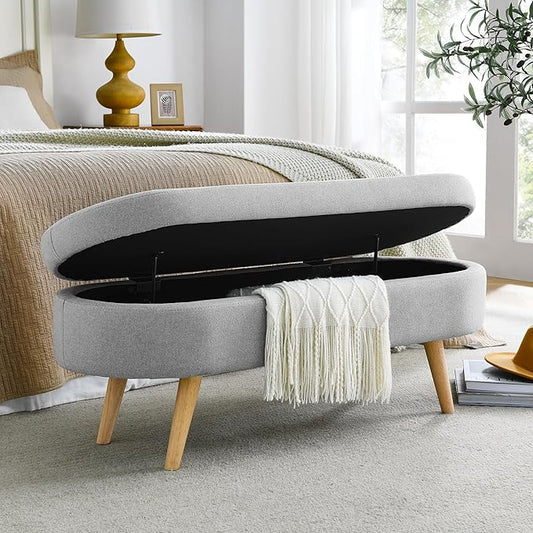 43.5" Ottoman with Storage, Storage Ottoman Bench with Safety Hinge, Linen End of Bed Bench, Upholstered Entryway Bench for Bedroom, Living Room & Window, Holds up to 330 lb, Grey