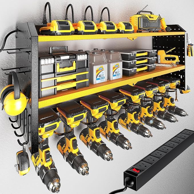Power Tool Organizer with Charging Station, Built in 8 Outlet Power Strip,Large 8 Drill Holder Wall Mount, Heavy Duty Metal Power Tool Storage Rack Tool Shelf for Garage Organization Black