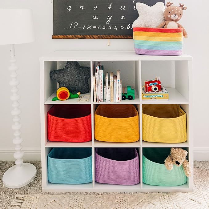 OrganiHaus Rainbow Basket for Shelf Storage, 15x9x10 | Colorful, handwoven cotton rope; a toy bin for playroom, classroom, or girls' room decor; great for nursery too