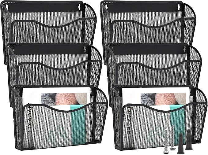 EASEPRES 6 Single Pocket Mesh Hanging File Organizer, Vertical Wall Mounted Magazine File Holder, Mount Basket Mail Paper Document Folder Organizing for Office, Home and School, Black