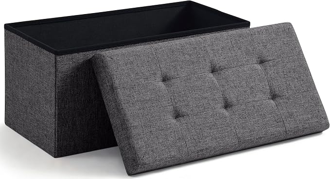 Ornavo Home 30 Inch Folding Storage Ottoman Bench, Tufted Linen, Dark Gray | Upholstered Large Ottoman with Lid; Foot Rest Stool; Ideal for Bedroom, Living Room or Entryway