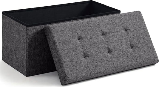 Ornavo Home 30 Inch Folding Storage Ottoman Bench, Tufted Linen, Dark Gray | Upholstered Large Ottoman with Lid; Foot Rest Stool; Ideal for Bedroom, Living Room or Entryway