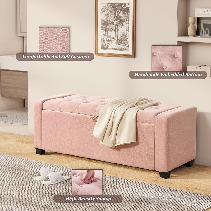 Royal Windsor Ottoman with Storage,Tufted Storage Bench with Safety Hinge,Holds up to 350 lb,Upholstered Bench with Seating for Bedroom, Living Room,Entryway,Pink