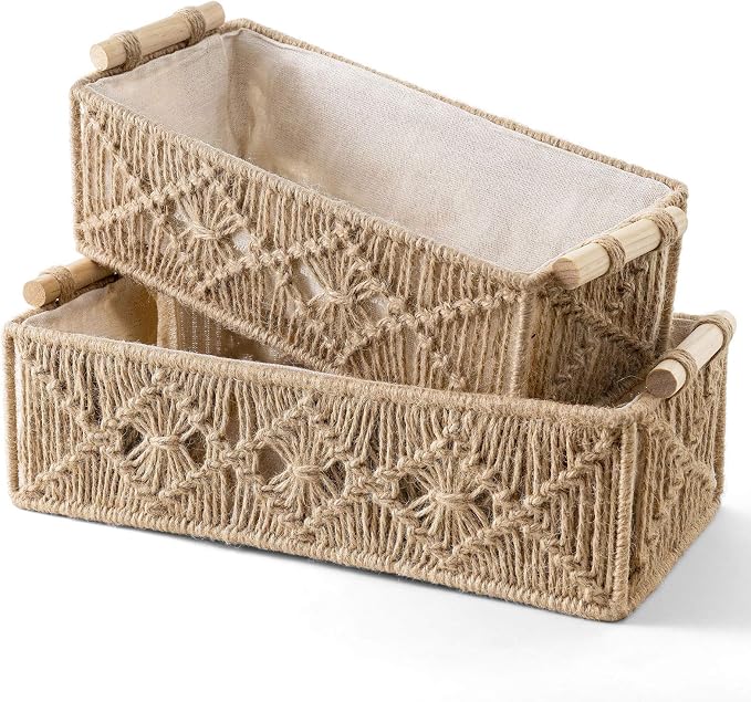 Mkono 2Pc Macrame Storage Baskets, Boho Bathroom Toilet Paper Holder, Brown | Small Baskets for Organizing, Hand-Woven, Bohemian Beach Coastal Decor, Shelf Vanity Cabinet Bedroom Living Room Office Dorm