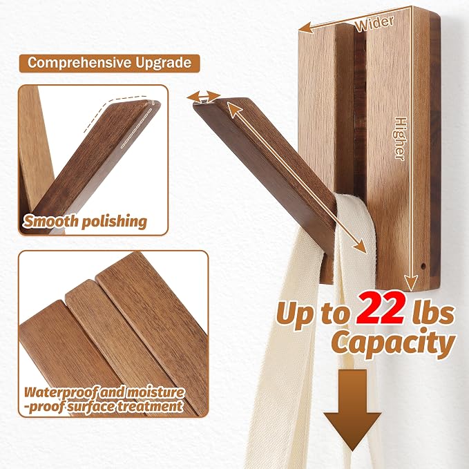 Wood Wall Hooks for Bathroom: 4Pack Foldable Rustic Decor Hangers | Heavy Duty Coat Hooks for Hanging Towels Backpack Jacket - Space Saving Minimalist Design for Aesthetic Homeowners