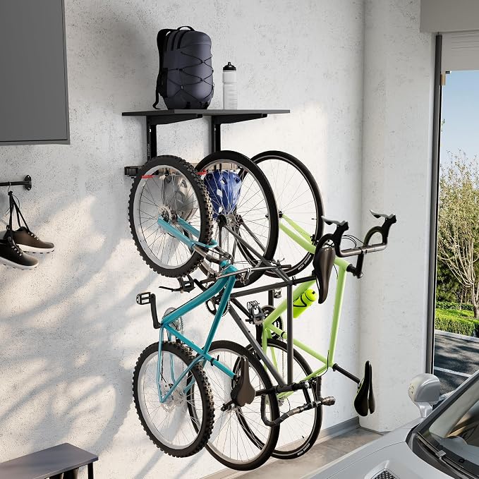 Mount-It! WheelsUp Bike Wall Mount with Shelf | Garage Storage Rack for 3 Bikes & Accessories | Adjustable Padded Hooks, Max Capacity 275 lbs | Ideal Bike Rack Garage Wall Mount for Organized Spaces