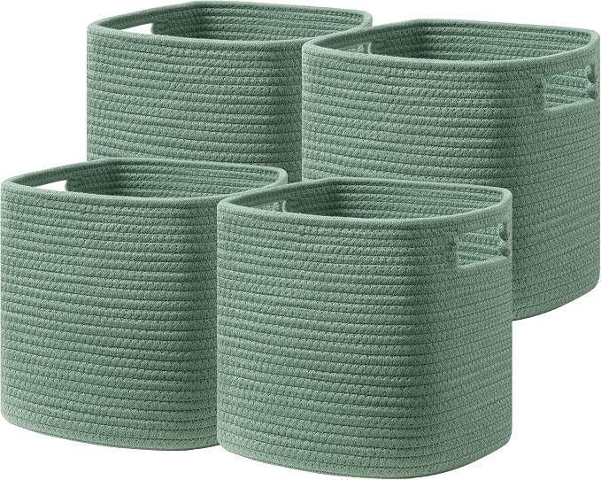 UBBCARE Set of 4 Storage Basket-11 X 10.5 X 10.5 In, Cotton Rope Basket for Shelves, Toys, Book, Cube Storage Bins with Handles, Woven Storage Basket for Organizing, Green