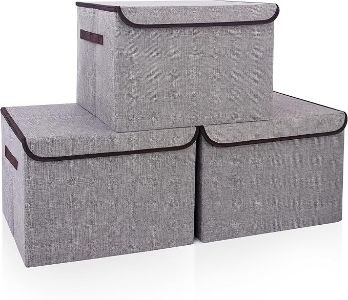 Bagnizer Large 17" 42 Quarts Collapsible Stackable Storage Bins with Lids [3-Pack] Foldable Fabric Linen Storage Boxes Cube, Closet Organizer Baskets with Label for Home (16.7 x 12 x 12, Gray)